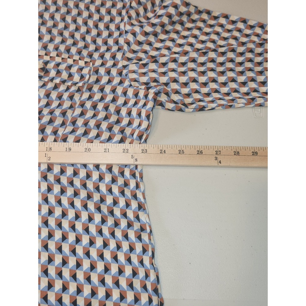 Worthington Womens XL Geometric Triangle Print Button Down Blouse Blue Tan Black - Picture 7 of 7